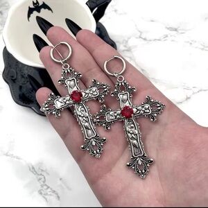 Halloween gothic Silver color Cross Earrings with Red Gem